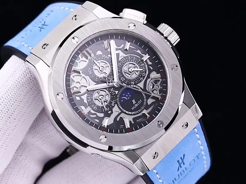 Luxury Hublot Classic Fusion Replica 45mm Skeleton Dial Moonphase Blue Leather Strap Watch