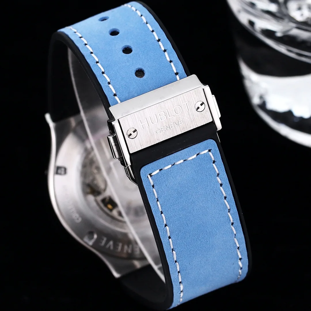 Luxury Hublot Classic Fusion Replica 45mm Skeleton Dial Moonphase Blue Leather Strap Watch
