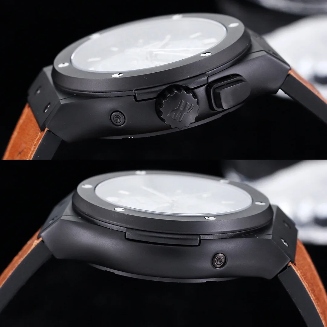 Luxury Replica Hublot Classic Fusion Moonphase Skeleton Dial Brown Strap Watch — Black Steel Case