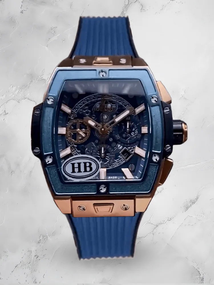Swiss Hublot Spirit Of Big Bang 642.OX.7180.RX Replica Watch Blue Skeleton Dial Chronograph on Black & Blue Rubber Strap