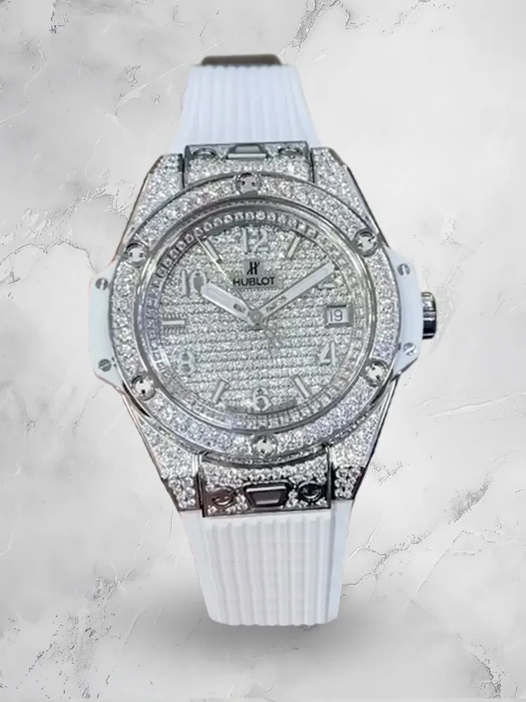 Hublot Big Bang Replica 39mm One-Click Stainless Steel White Full Pave Watch