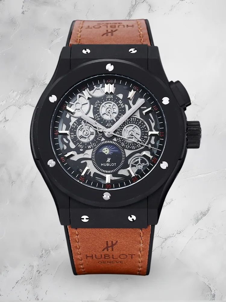 Luxury Replica Hublot Classic Fusion Moonphase Skeleton Dial Brown Strap Watch — Black Steel Case