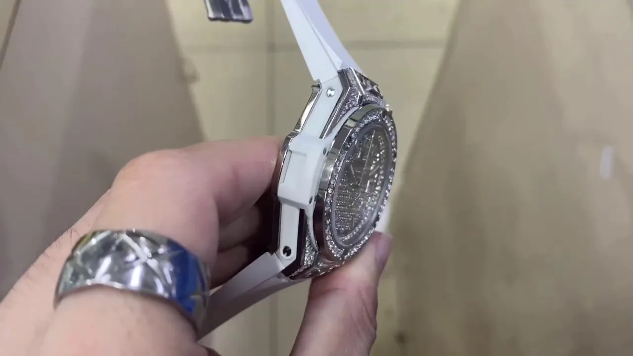 Hublot Big Bang Replica 39mm One-Click Stainless Steel White Full Pave Watch