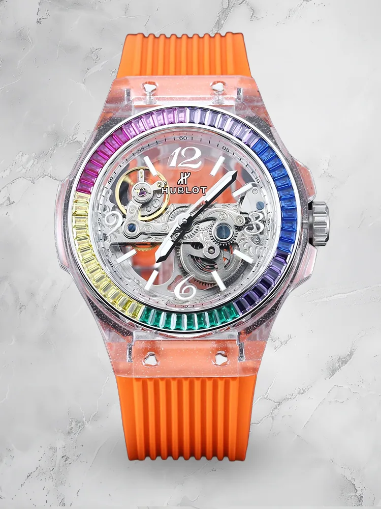 Swiss Hublot Big Bang Unico Replica 42mm – Rainbow Diamond Bezel, Multi-Layer Skeleton Dial Watch
