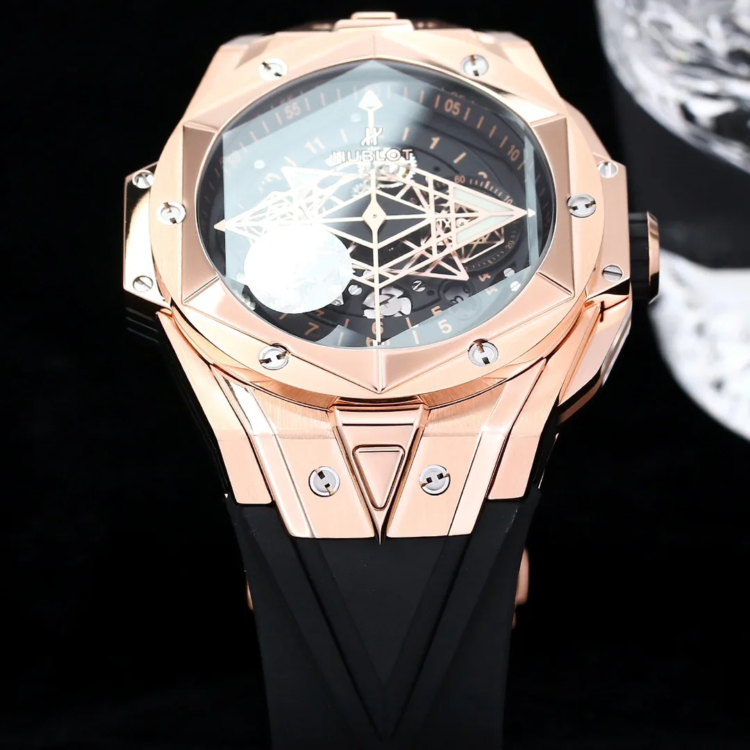 Hublot Big Bang Replica Black Sang Bleu II King Gold 45 Skeleton Dial Watch