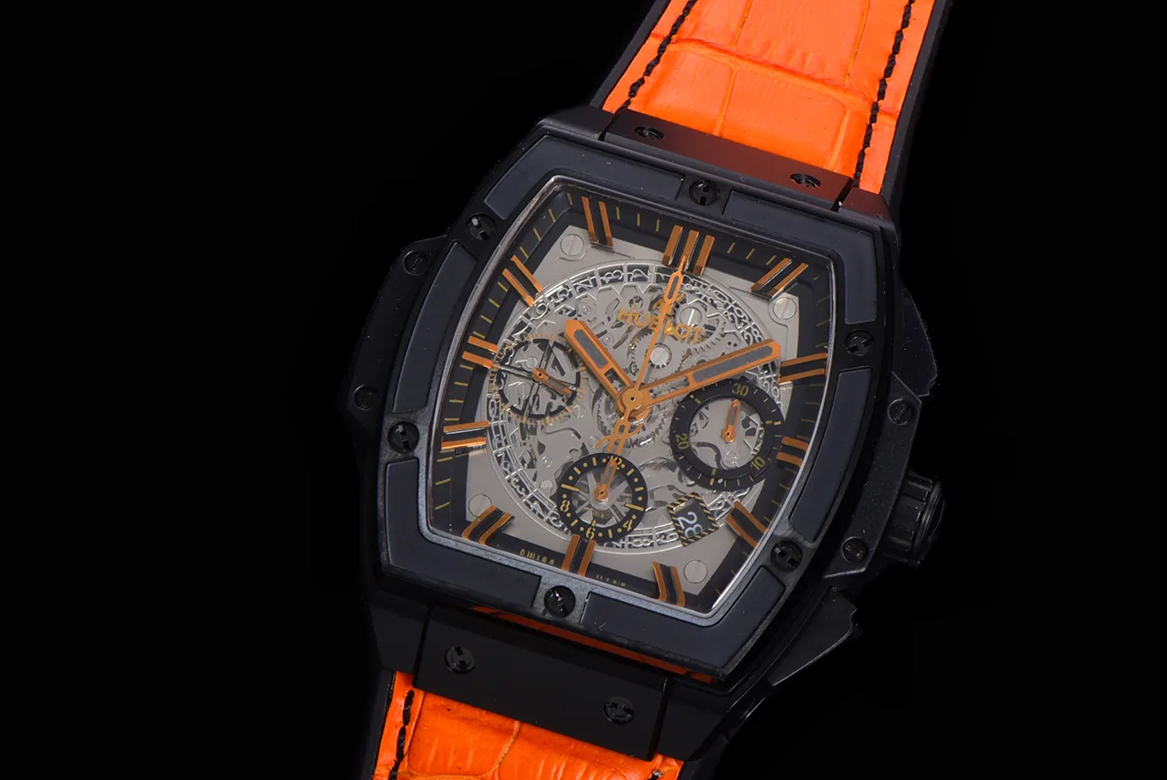 Luxury Hublot Spirit of Big Bang Replica 45mm Orange Leather Strap Watch – Bold Skeleton Dial