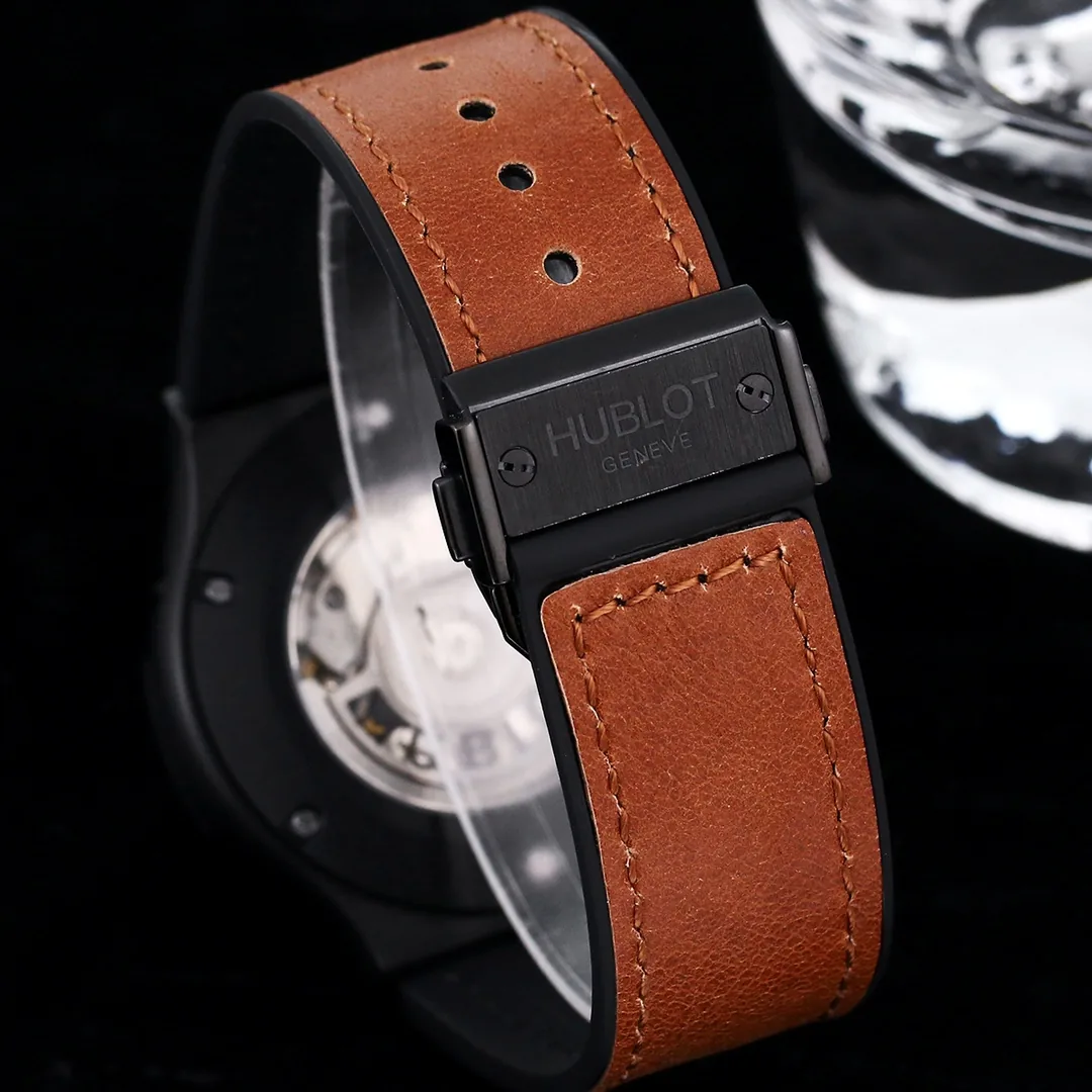 Luxury Replica Hublot Classic Fusion Moonphase Skeleton Dial Brown Strap Watch — Black Steel Case
