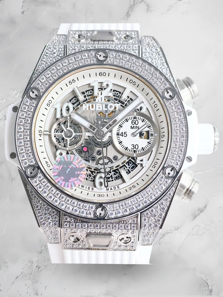 Luxury Swiss Hublot Big Bang Unico Replica Diamonds Bezel 42mm Watch – Skeleton Dial, White Rubber Strap