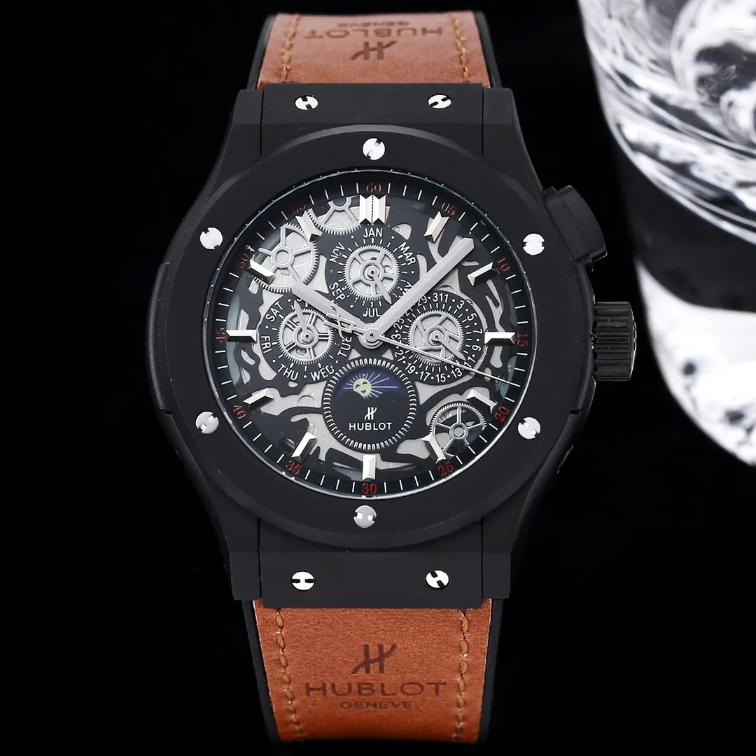 Luxury Replica Hublot Classic Fusion Moonphase Skeleton Dial Brown Strap Watch — Black Steel Case