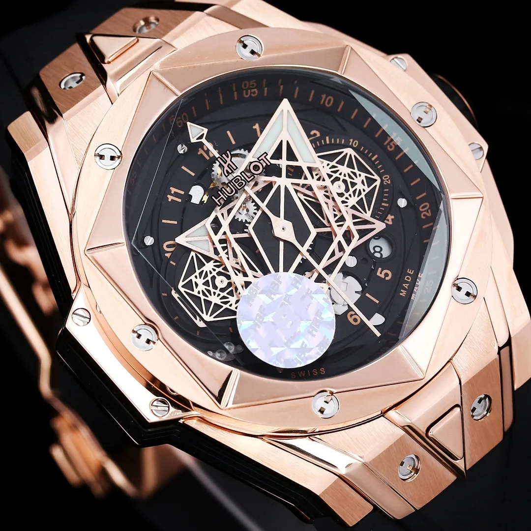 Hublot Big Bang Replica Black Sang Bleu II King Gold 45 Skeleton Dial Watch
