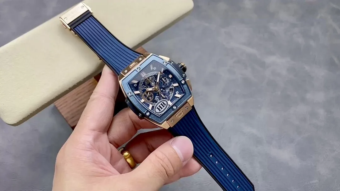 Swiss Hublot Spirit Of Big Bang 642.OX.7180.RX Replica Watch Blue Skeleton Dial Chronograph on Black & Blue Rubber Strap