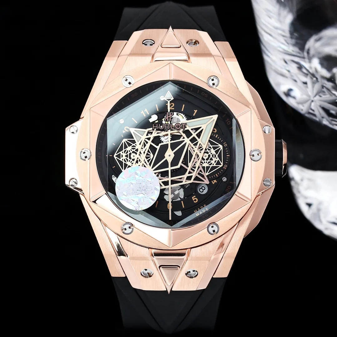 Hublot Big Bang Replica Black Sang Bleu II King Gold 45 Skeleton Dial Watch