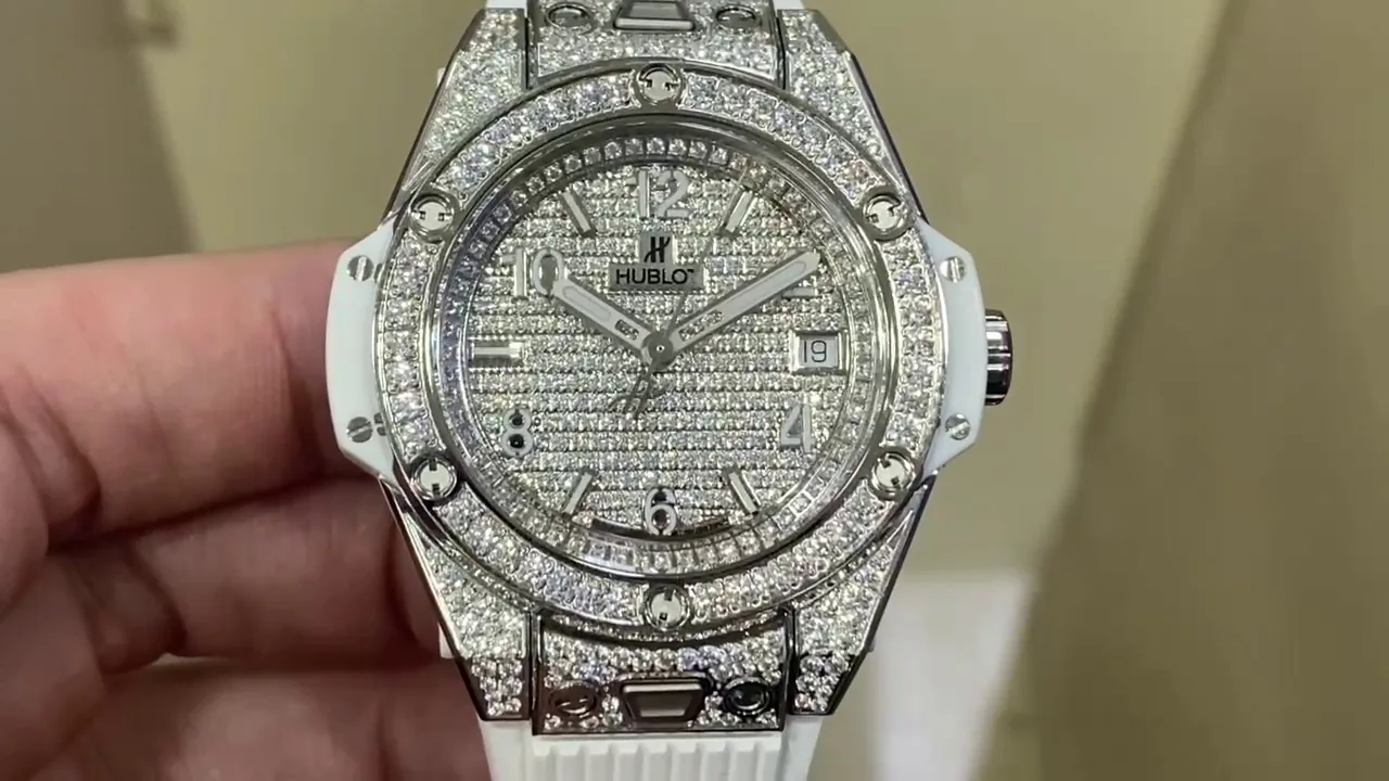 Hublot Big Bang Replica 39mm One-Click Stainless Steel White Full Pave Watch