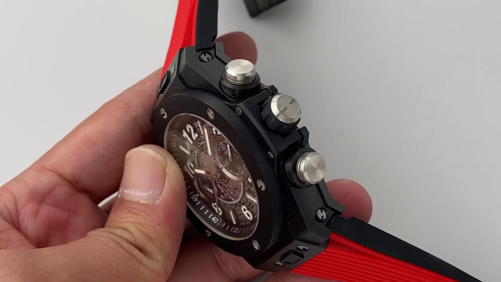 Hublot Big Bang Replica 42mm Black Ceramic Grey Dial Red Rubber Strap Watch