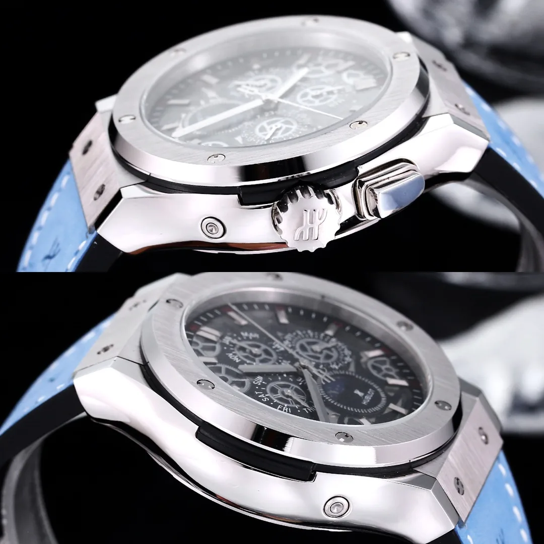 Luxury Hublot Classic Fusion Replica 45mm Skeleton Dial Moonphase Blue Leather Strap Watch