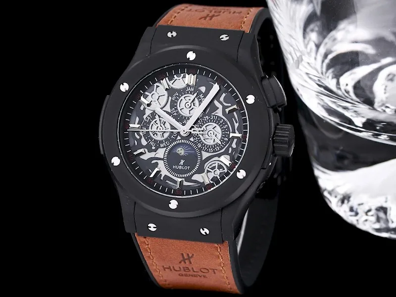 Luxury Replica Hublot Classic Fusion Moonphase Skeleton Dial Brown Strap Watch — Black Steel Case
