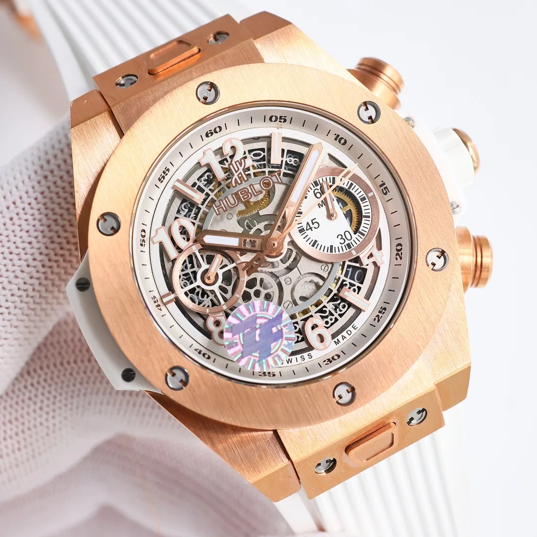 Luxury Swiss 42mm Hublot Big Bang Unico Replica Skeleton Dial White Rubber Strap Watch