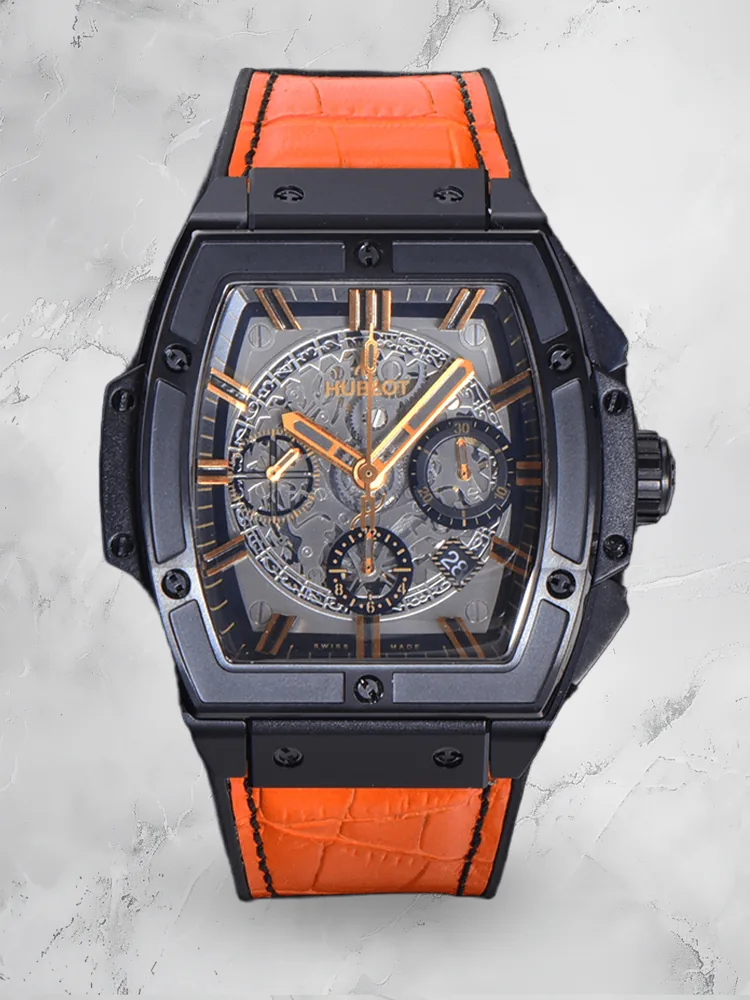 Luxury Hublot Spirit of Big Bang Replica 45mm Orange Leather Strap Watch – Bold Skeleton Dial