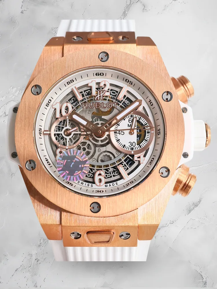 Luxury Swiss 42mm Hublot Big Bang Unico Replica Skeleton Dial White Rubber Strap Watch