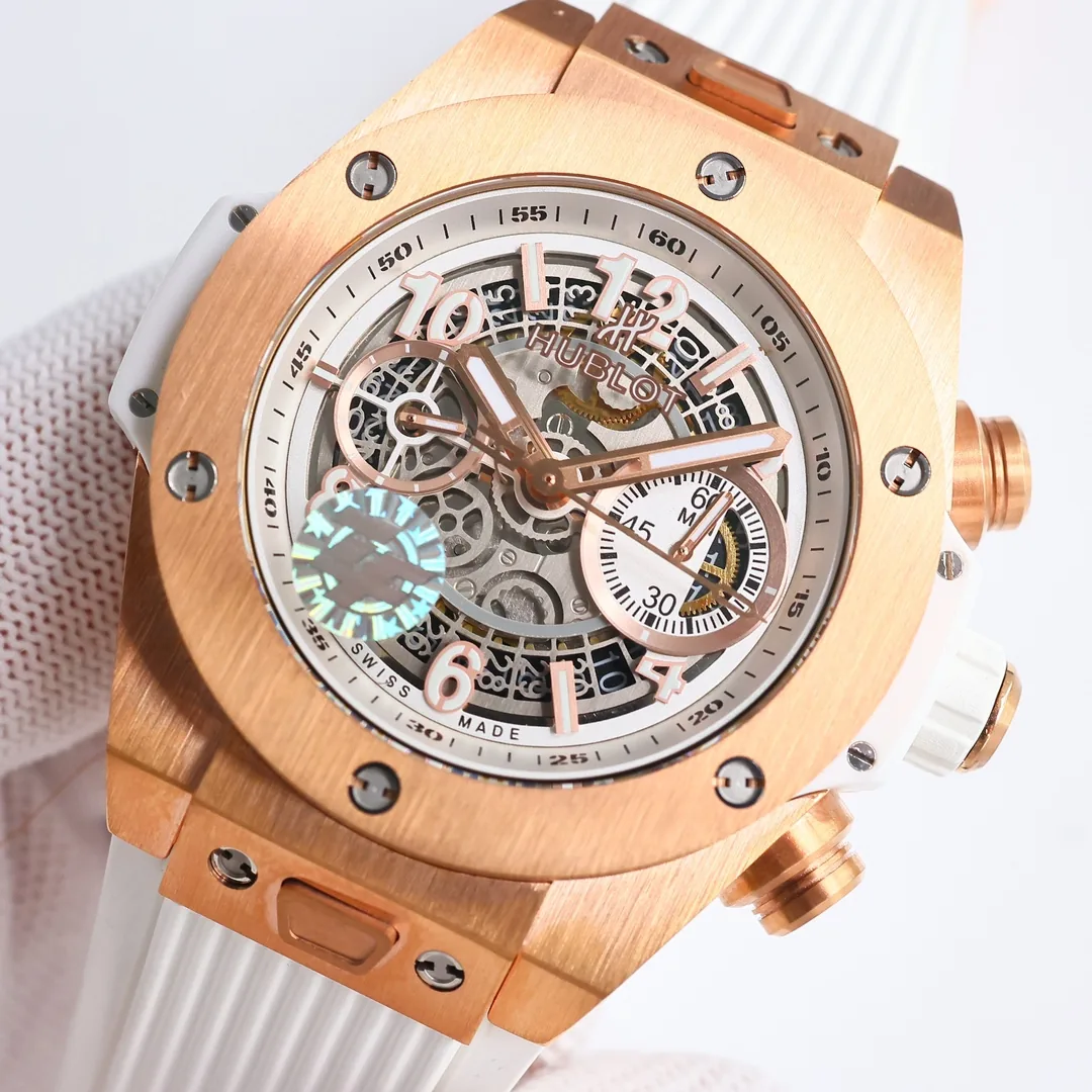 Luxury Swiss 42mm Hublot Big Bang Unico Replica Skeleton Dial White Rubber Strap Watch