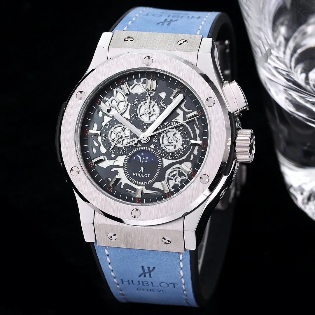 Luxury Hublot Classic Fusion Replica 45mm Skeleton Dial Moonphase Blue Leather Strap Watch
