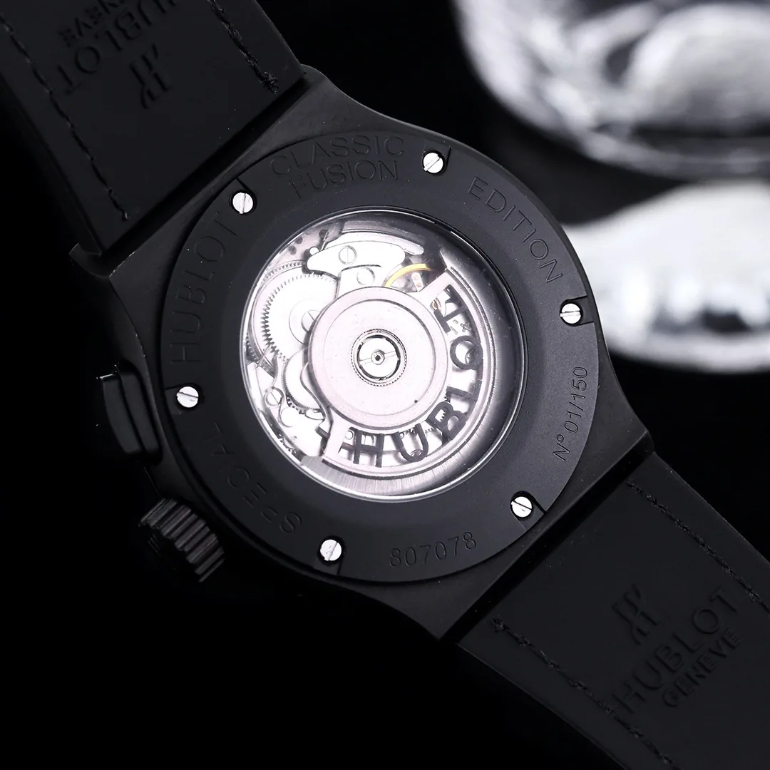 Luxury Replica Hublot Classic Fusion Moonphase Skeleton Dial Brown Strap Watch — Black Steel Case