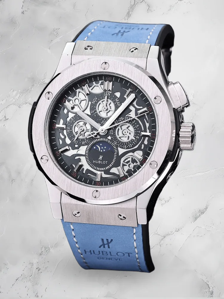 Luxury Hublot Classic Fusion Replica 45mm Skeleton Dial Moonphase Blue Leather Strap Watch