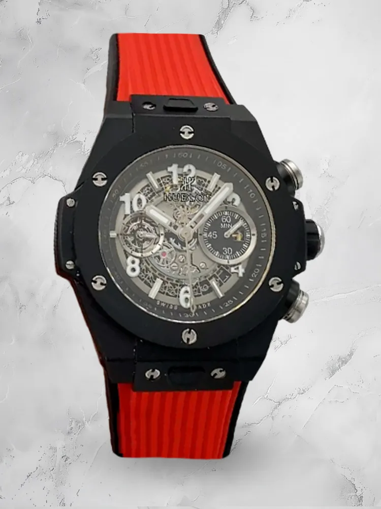 Hublot Big Bang Replica 42mm Black Ceramic Grey Dial Red Rubber Strap Watch