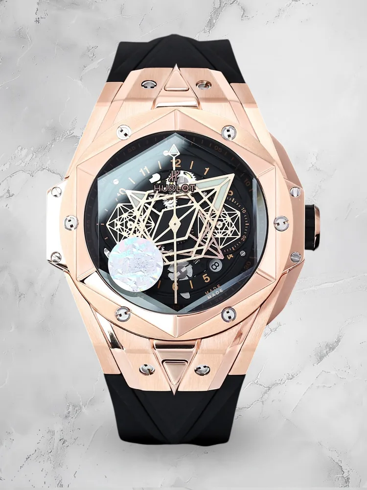 Hublot Big Bang Replica Black Sang Bleu II King Gold 45 Skeleton Dial Watch