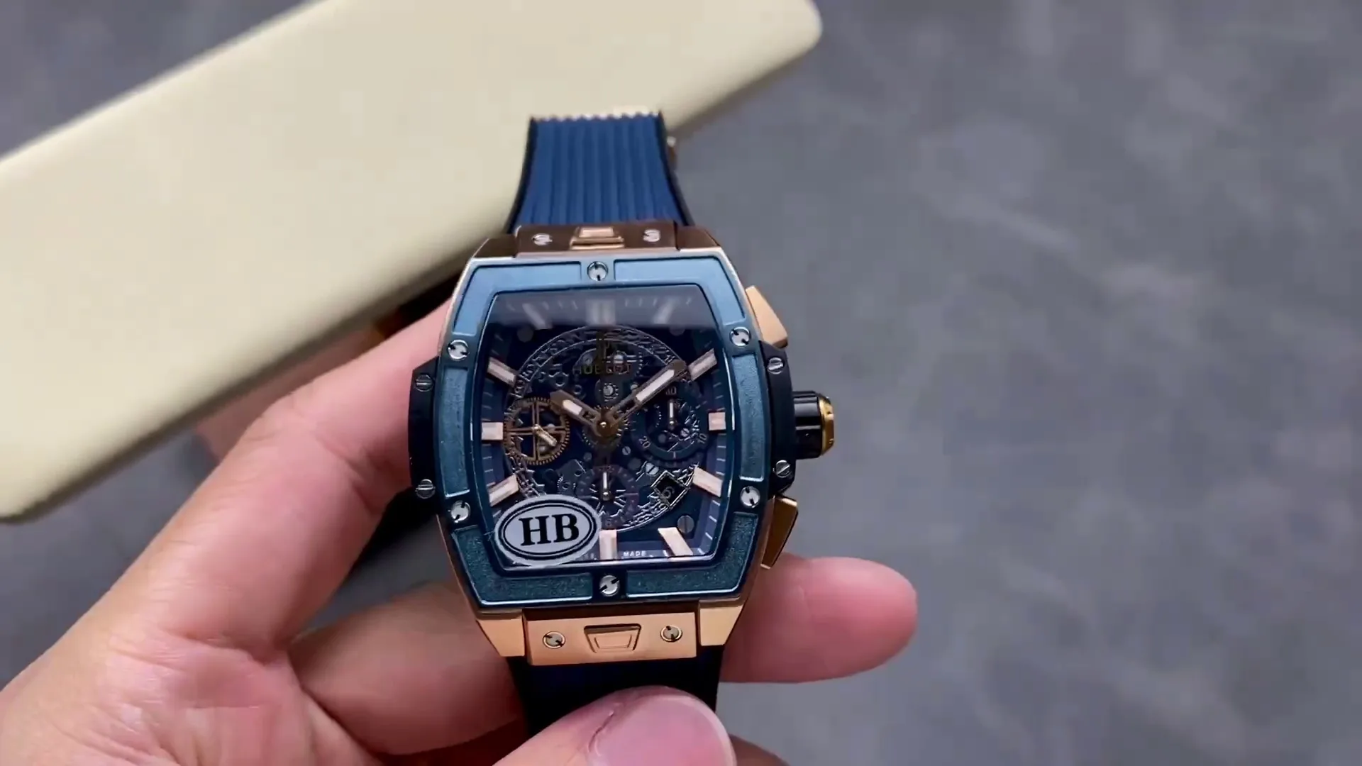 Swiss Hublot Spirit Of Big Bang 642.OX.7180.RX Replica Watch Blue Skeleton Dial Chronograph on Black & Blue Rubber Strap