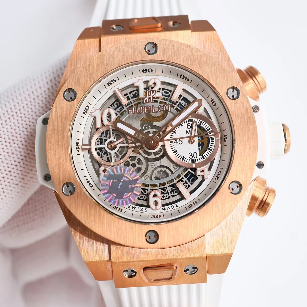 Luxury Swiss 42mm Hublot Big Bang Unico Replica Skeleton Dial White Rubber Strap Watch