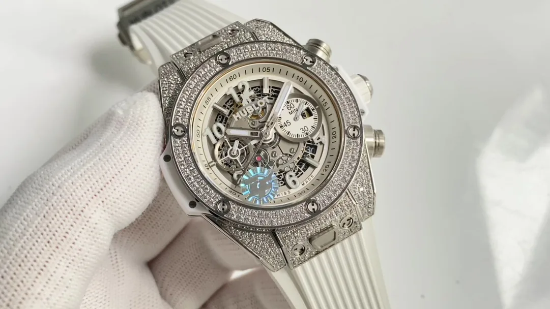 Luxury Swiss Hublot Big Bang Unico Replica Diamonds Bezel 42mm Watch – Skeleton Dial, White Rubber Strap
