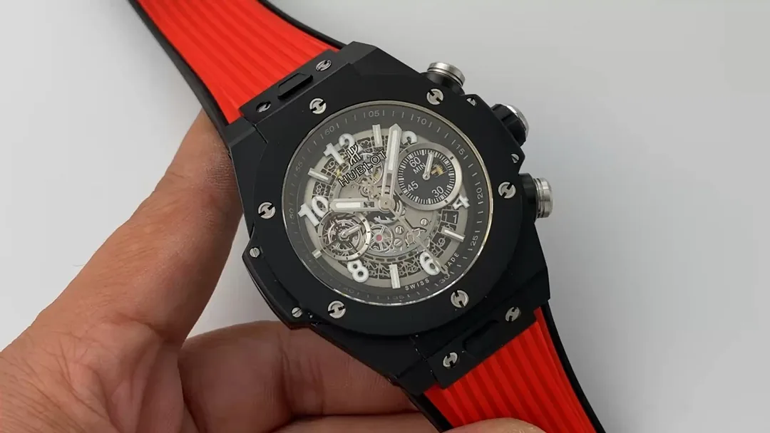 Hublot Big Bang Replica 42mm Black Ceramic Grey Dial Red Rubber Strap Watch